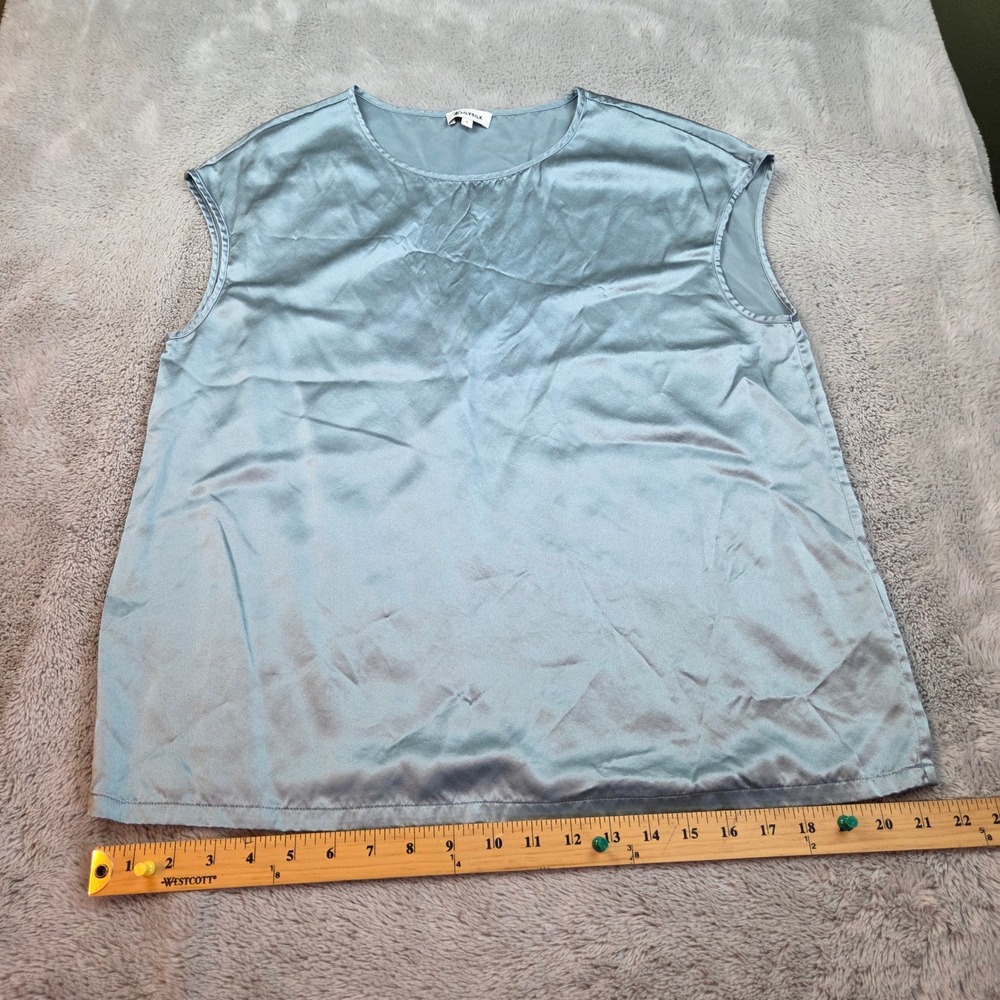 LilySilk Silk Sleeveless Blouse Womens L Mulberry Silk Round Neck Dusty Blue Top